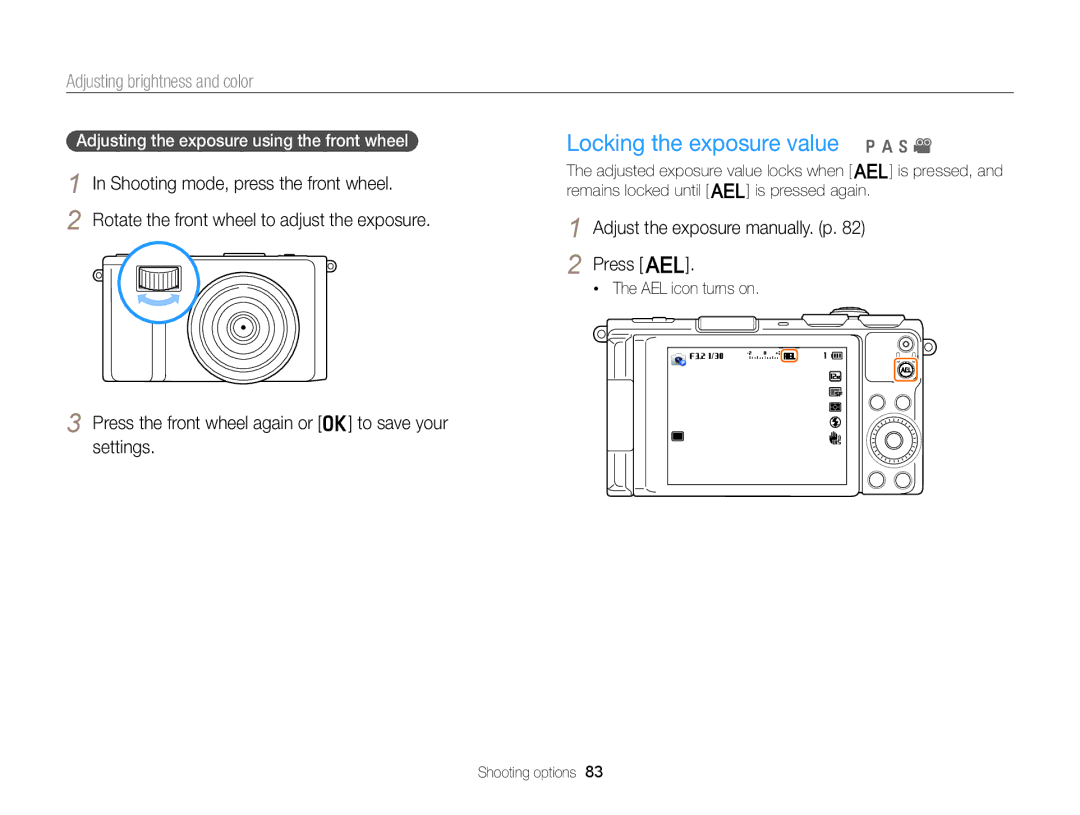 Samsung EX2F Locking the exposure value p a h, Adjusting brightness and color, Adjust the exposure manually. p Press L 