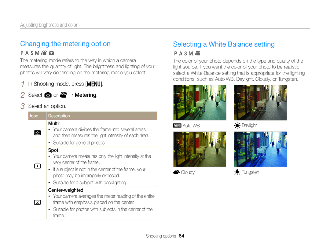 Samsung EC-EX2FZZBPBUS appendix Changing the metering option, Selecting a White Balance setting, Auto WB Daylight Cloudy 