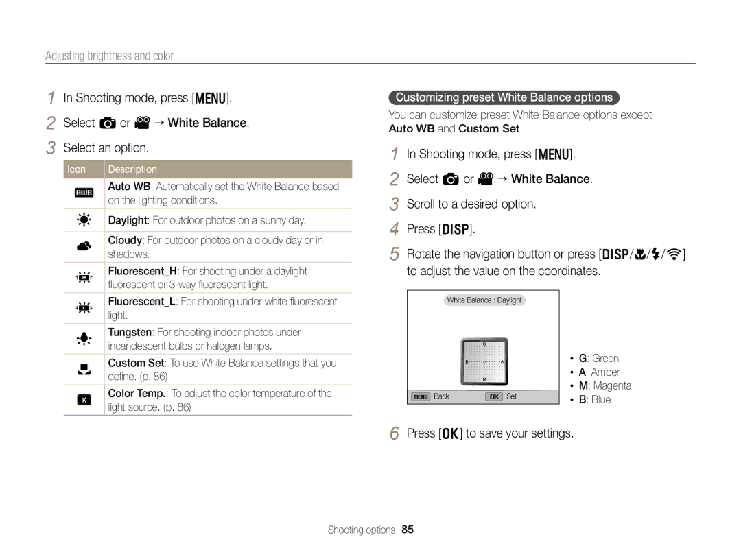 Samsung EX2F appendix Customizing preset White Balance options, FluorescentL For shooting under white ﬂuorescent light 