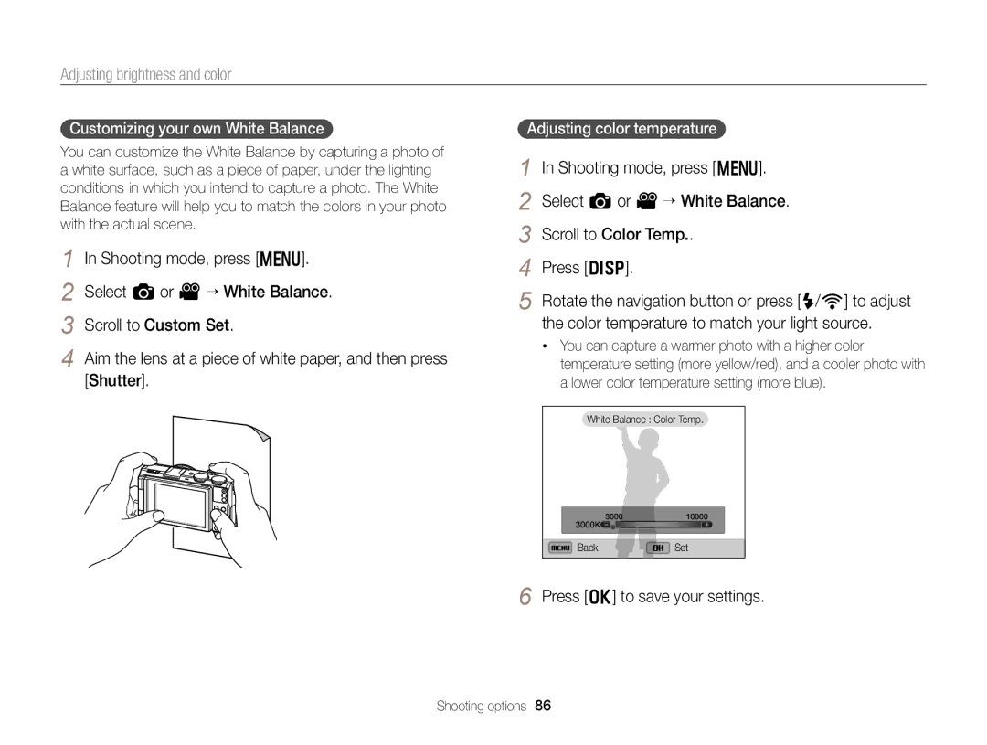 Samsung EC-EX2FZZBPBUS appendix Customizing your own White Balance, Adjusting color temperature 