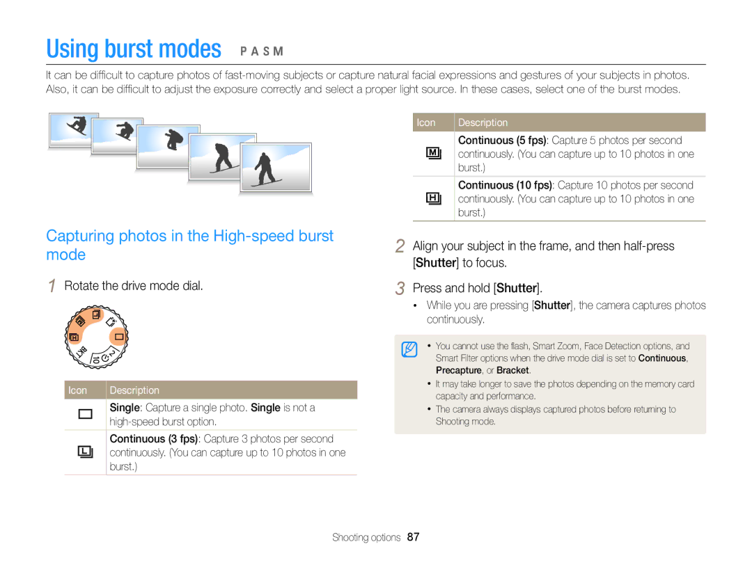 Samsung EX2F appendix Capturing photos in the High-speed burst mode, Single Capture a single photo. Single is not a, Burst 