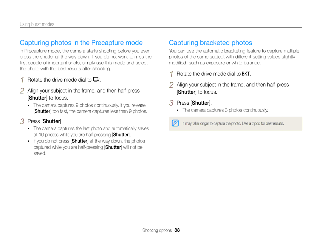 Samsung EC-EX2FZZBPBUS appendix Capturing photos in the Precapture mode, Capturing bracketed photos, Using burst modes 