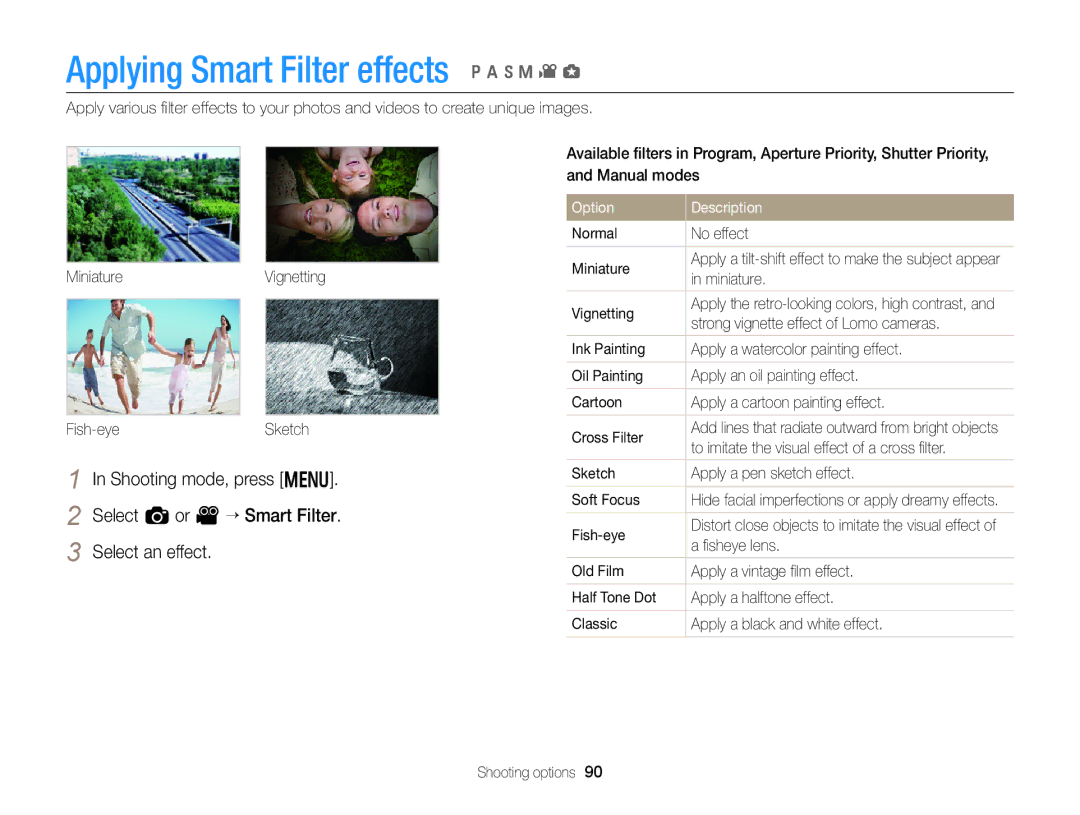 Samsung EC-EX2FZZBPBUS appendix Applying Smart Filter effects p a h M v g 