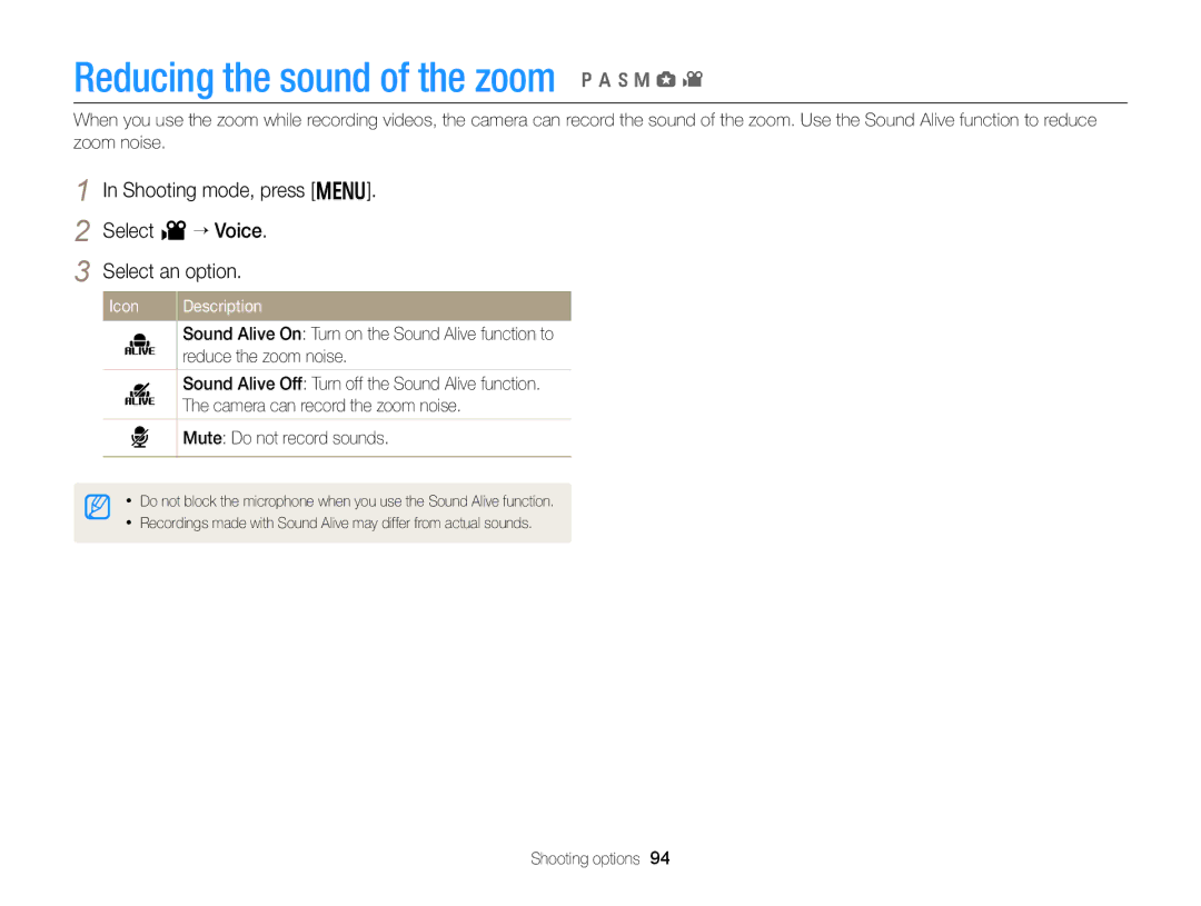 Samsung EC-EX2FZZBPBUS Reducing the sound of the zoom p a h M g, Shooting mode, press m Select v “ Voice Select an option 