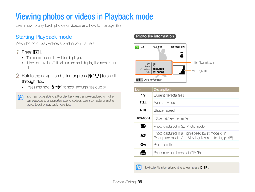 Samsung EC-EX2FZZBPBUS Viewing photos or videos in Playback mode, Starting Playback mode, Press P, Photo ﬁle information 