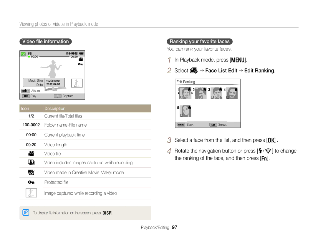 Samsung EC-EX2FZZBPBUS appendix Viewing photos or videos in Playback mode, Select a face from the list, and then press o 