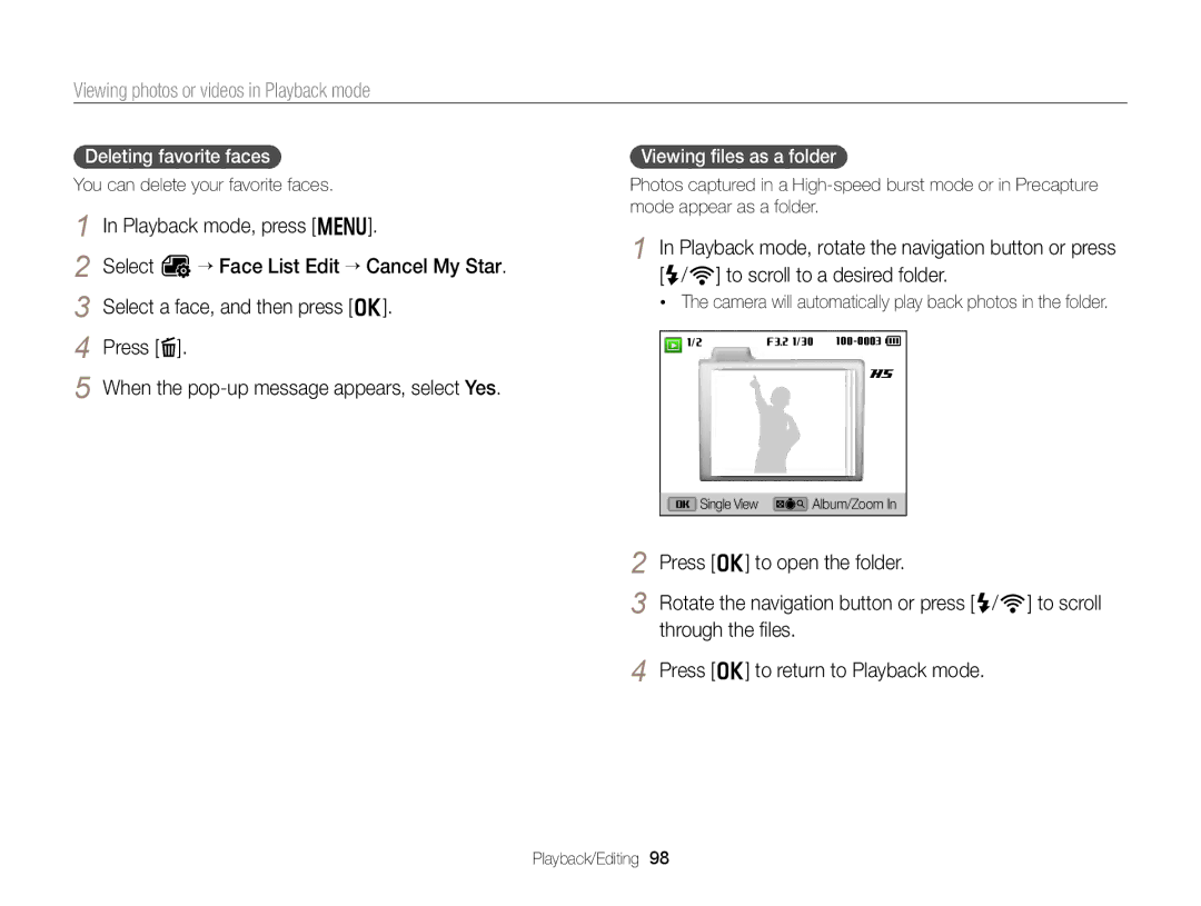 Samsung EC-EX2FZZBPBUS appendix Press o to return to Playback mode, Deleting favorite faces, Viewing ﬁles as a folder 