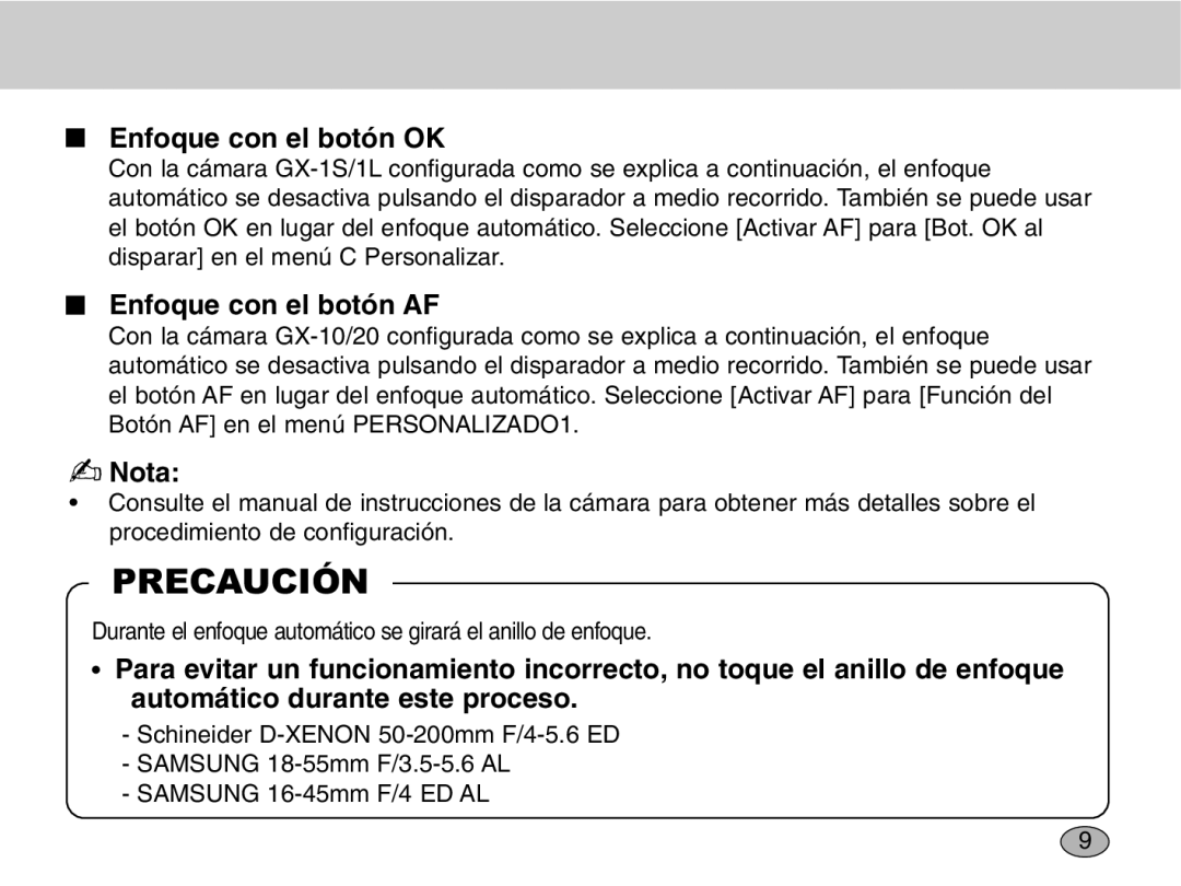 Samsung EZ-DLENS012/E1, EZ-DLENS001 manual Enfoque con el botón OK, Enfoque con el botón AF 