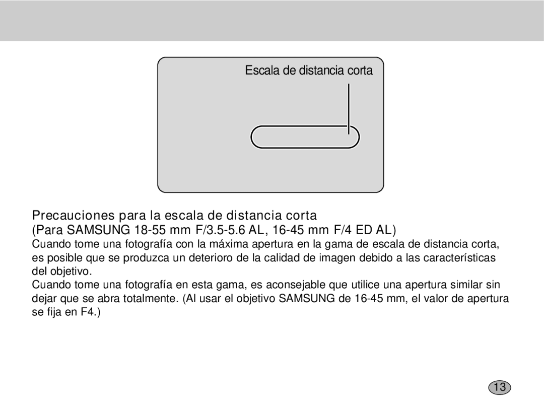 Samsung EZ-DLENS012/E1, EZ-DLENS001 manual Precauciones para la escala de distancia corta 