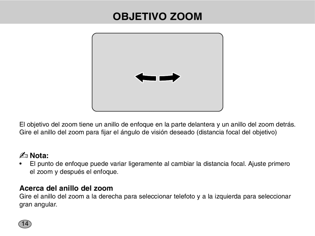 Samsung EZ-DLENS001, EZ-DLENS012/E1 manual Objetivo Zoom, Acerca del anillo del zoom 