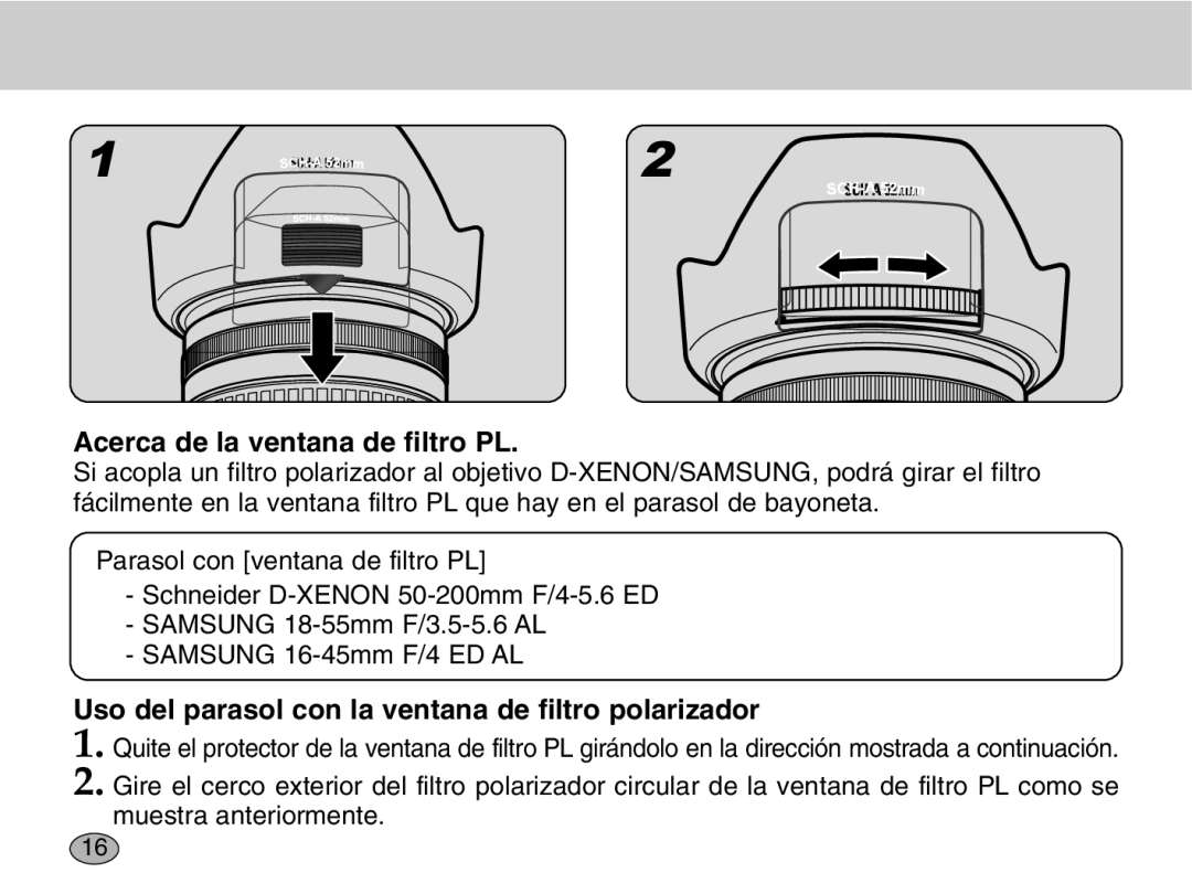 Samsung EZ-DLENS001 manual Acerca de la ventana de filtro PL, Uso del parasol con la ventana de filtro polarizador 