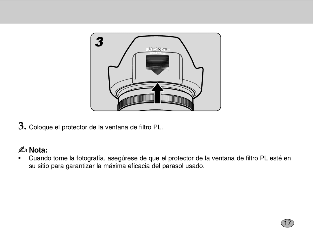 Samsung EZ-DLENS012/E1, EZ-DLENS001 manual Coloque el protector de la ventana de filtro PL 