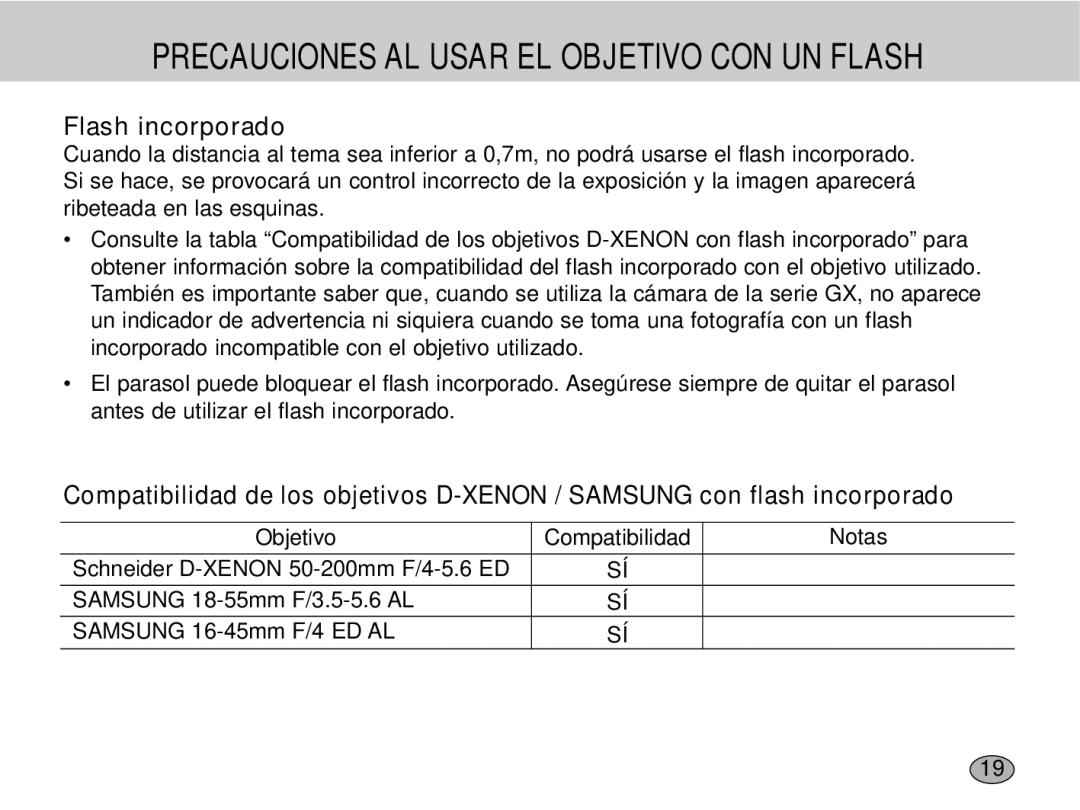 Samsung EZ-DLENS012/E1, EZ-DLENS001 manual Precauciones AL Usar EL Objetivo CON UN Flash, Flash incorporado 