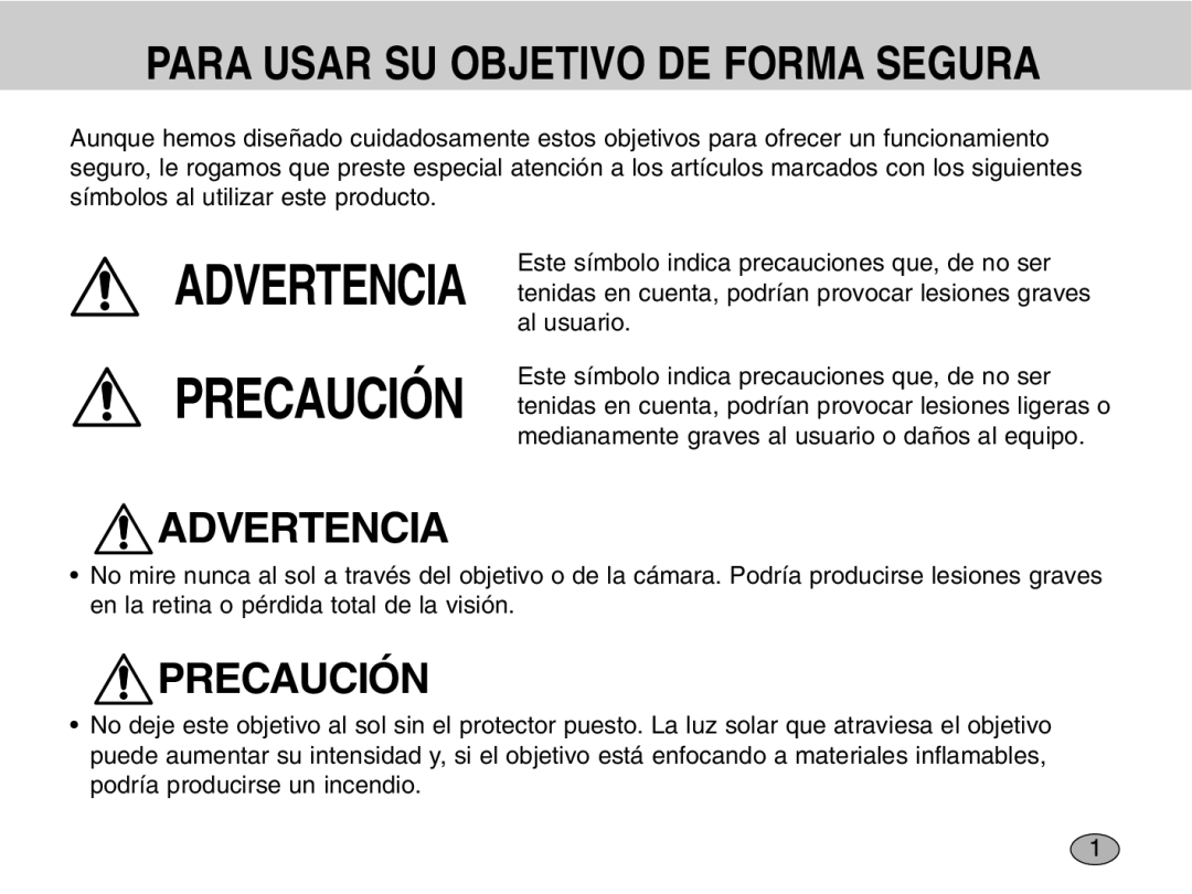 Samsung EZ-DLENS012/E1, EZ-DLENS001 manual Precaución, Para Usar SU Objetivo DE Forma Segura 