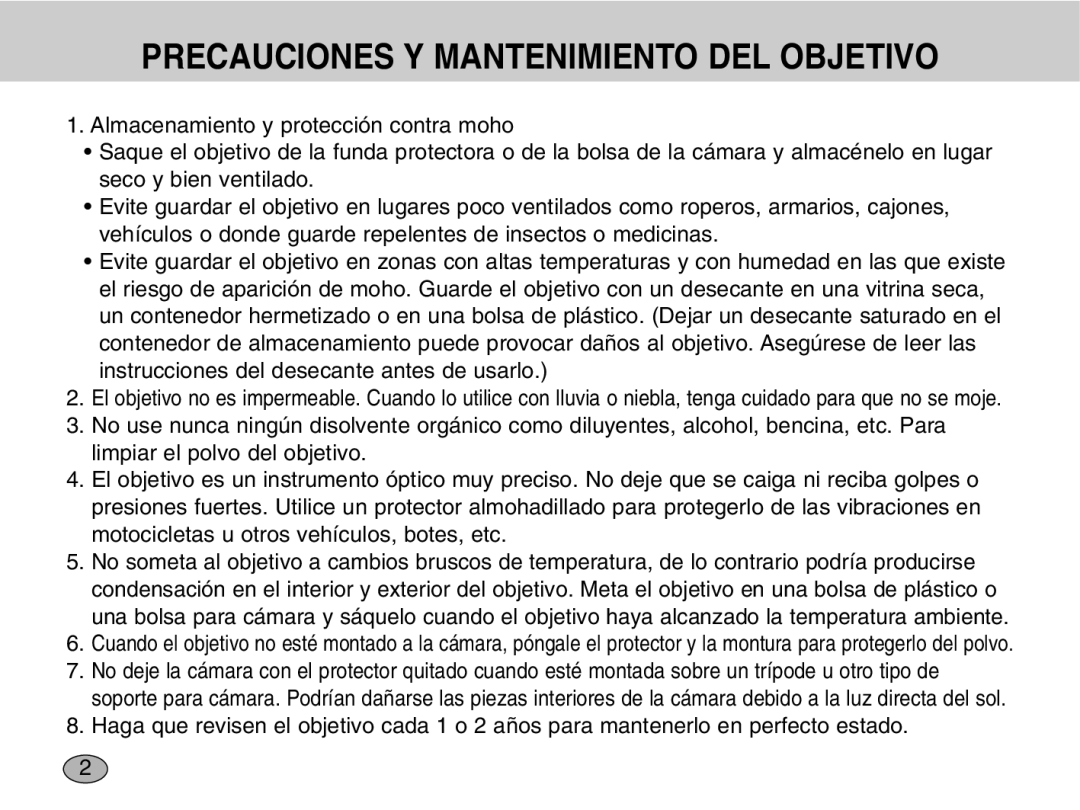 Samsung EZ-DLENS001, EZ-DLENS012/E1 manual Precauciones Y Mantenimiento DEL Objetivo 