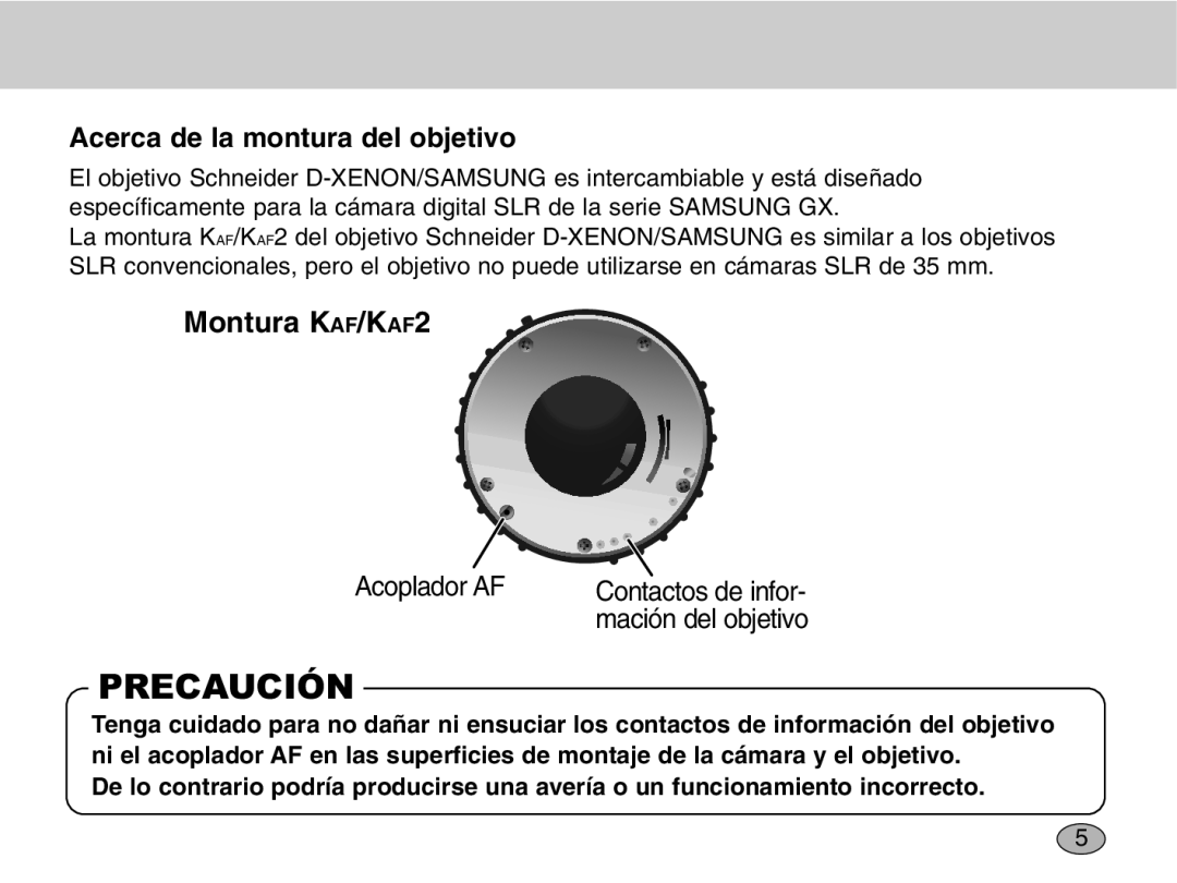 Samsung EZ-DLENS012/E1, EZ-DLENS001 manual Acerca de la montura del objetivo, Montura KAF/KAF2 