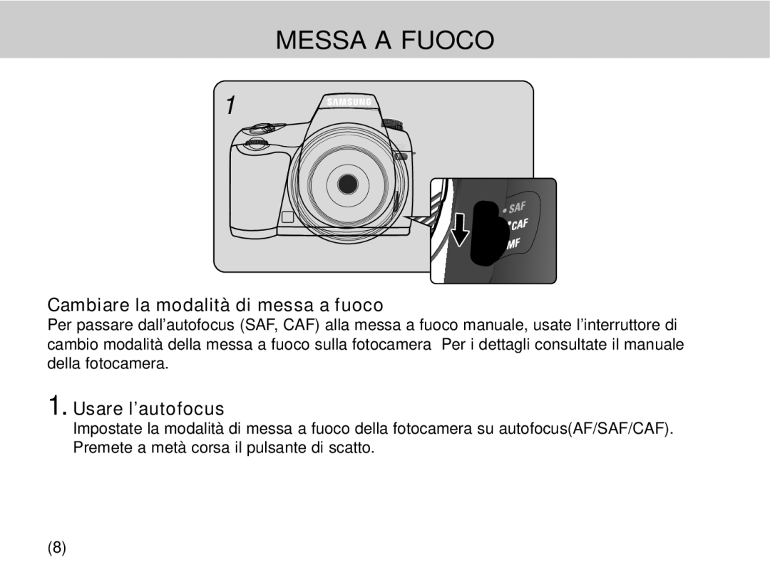 Samsung EZ-DLENS025/IT, EZ-DLENS026/IT manual Messa a Fuoco, Cambiare la modalità di messa a fuoco, Usare l’autofocus 