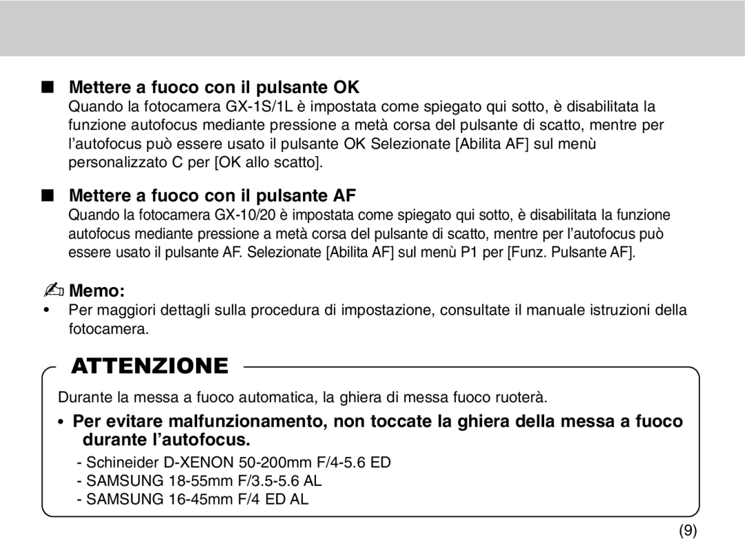 Samsung EZ-DLENS026/IT, EZ-DLENS025/IT manual Mettere a fuoco con il pulsante OK, Mettere a fuoco con il pulsante AF 