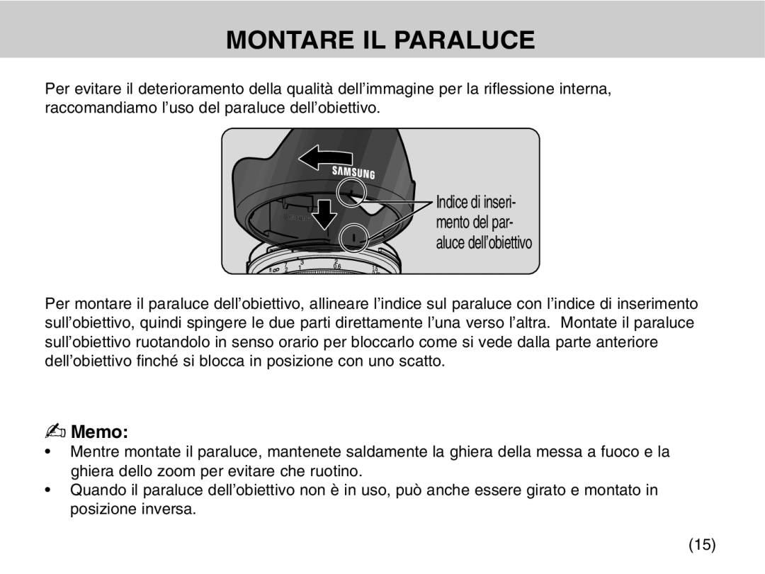 Samsung EZ-DLENS026/IT, EZ-DLENS025/IT manual Montare IL Paraluce 