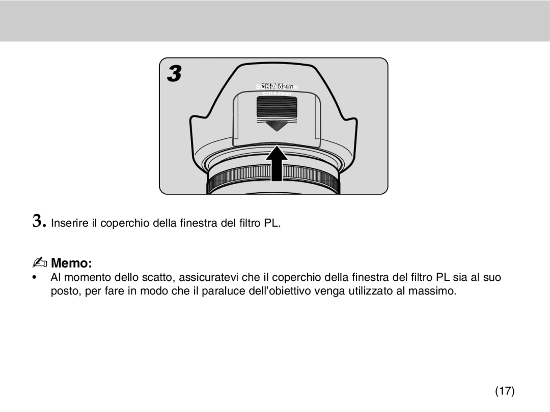 Samsung EZ-DLENS026/IT, EZ-DLENS025/IT manual Inserire il coperchio della finestra del filtro PL 