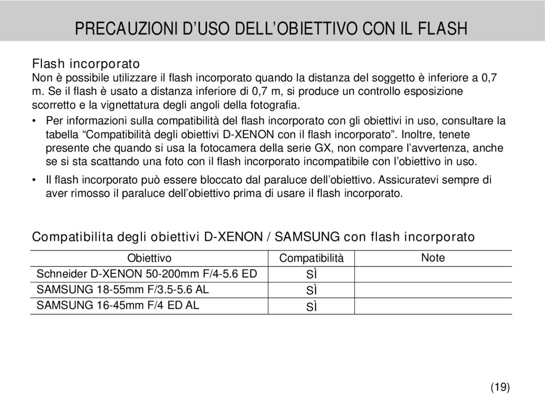 Samsung EZ-DLENS026/IT, EZ-DLENS025/IT manual Precauzioni D’USO DELL’OBIETTIVO CON IL Flash, Flash incorporato 