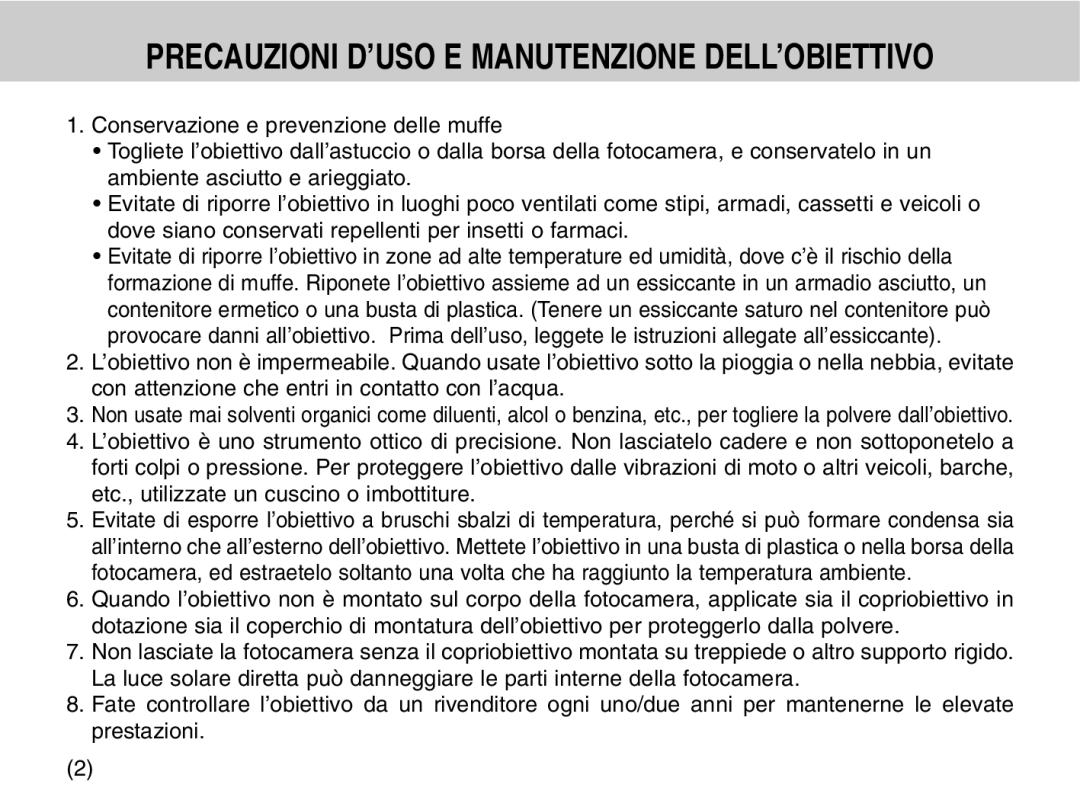 Samsung EZ-DLENS025/IT, EZ-DLENS026/IT manual Precauzioni D’USO E Manutenzione DELL’OBIETTIVO 