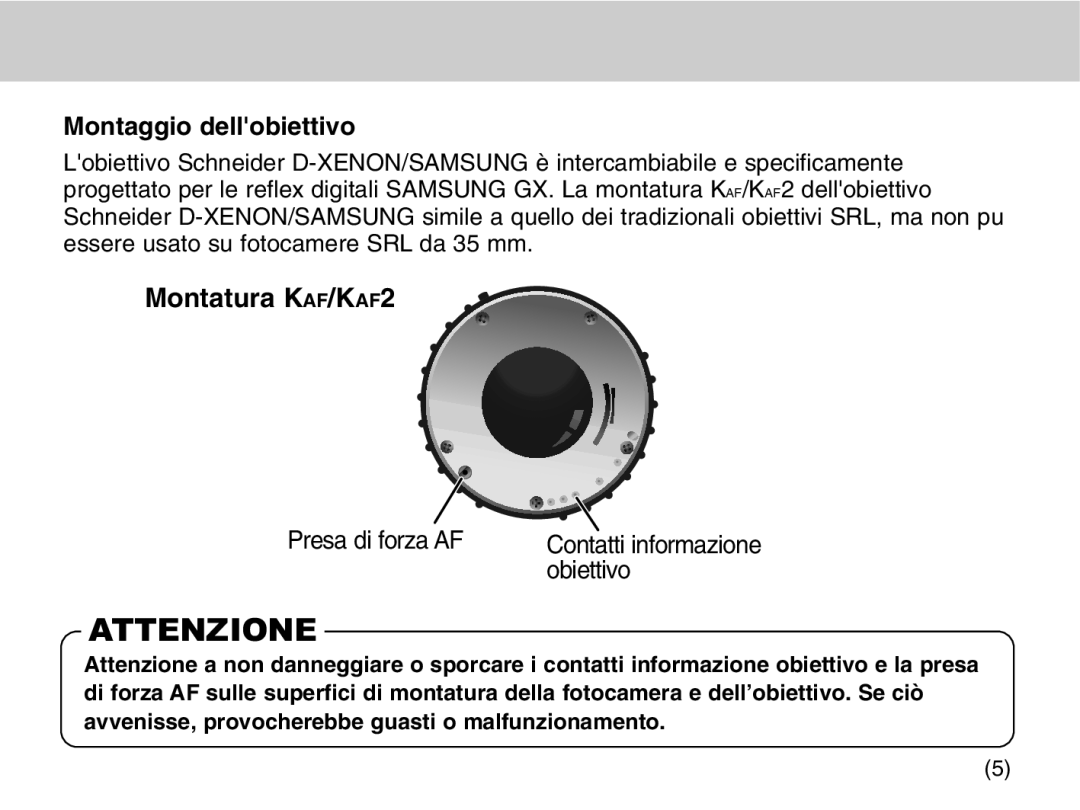 Samsung EZ-DLENS026/IT, EZ-DLENS025/IT manual Montaggio dellobiettivo, Montatura KAF/KAF2 