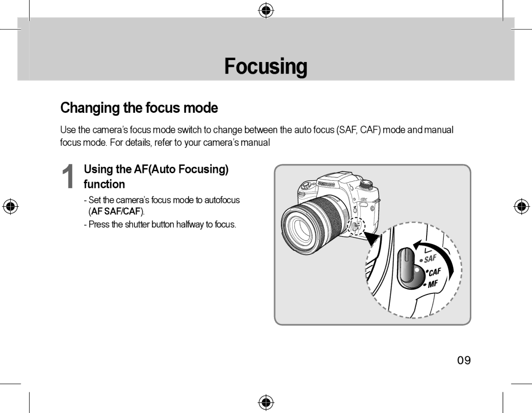 Samsung EZ-DLENS039/E1 manual Focusing, Changing the focus mode 