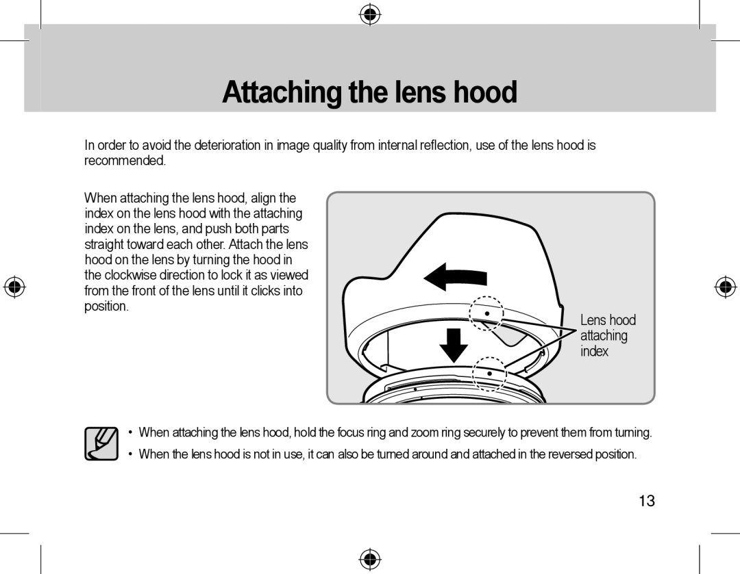 Samsung EZ-DLENS039/E1 manual Attaching the lens hood 