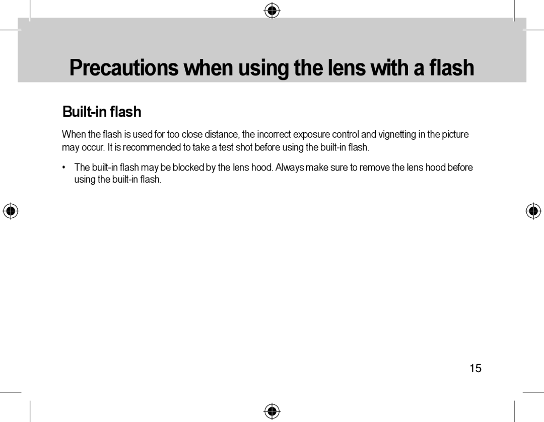 Samsung EZ-DLENS039/E1 manual Precautions when using the lens with a ﬂash, Built-in ﬂash 