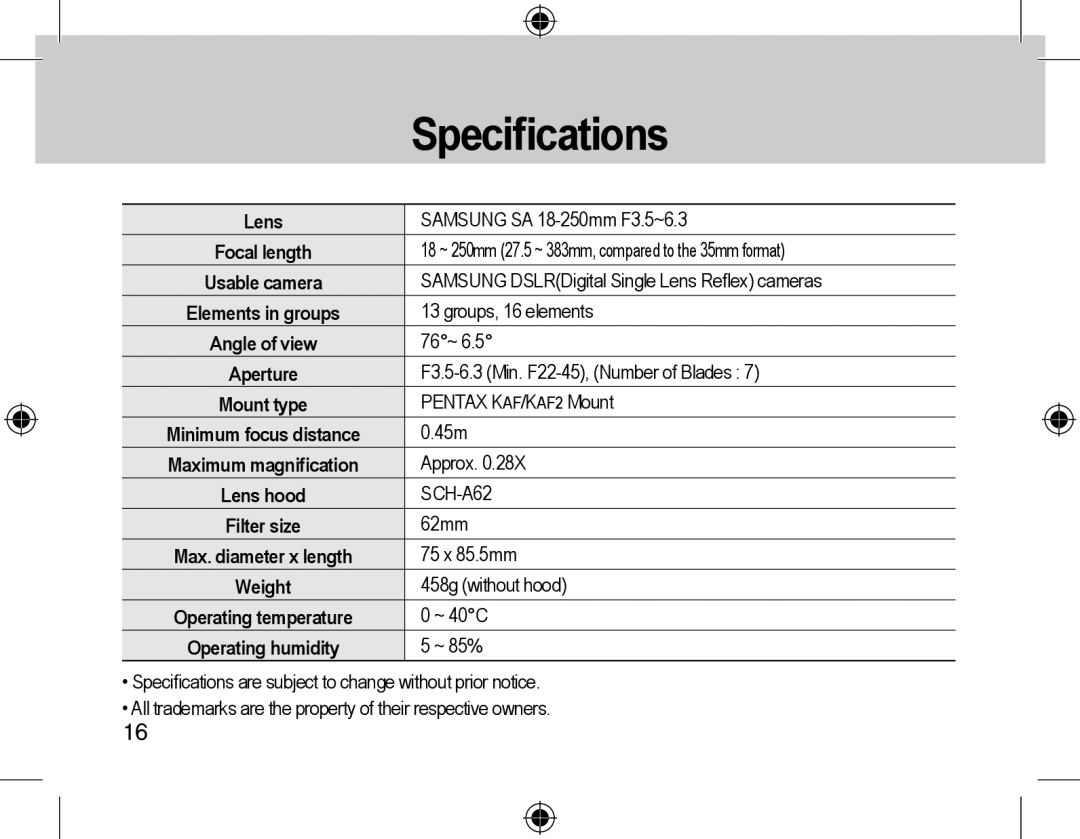 Samsung EZ-DLENS039/E1 manual Speciﬁcations, Operating humidity 