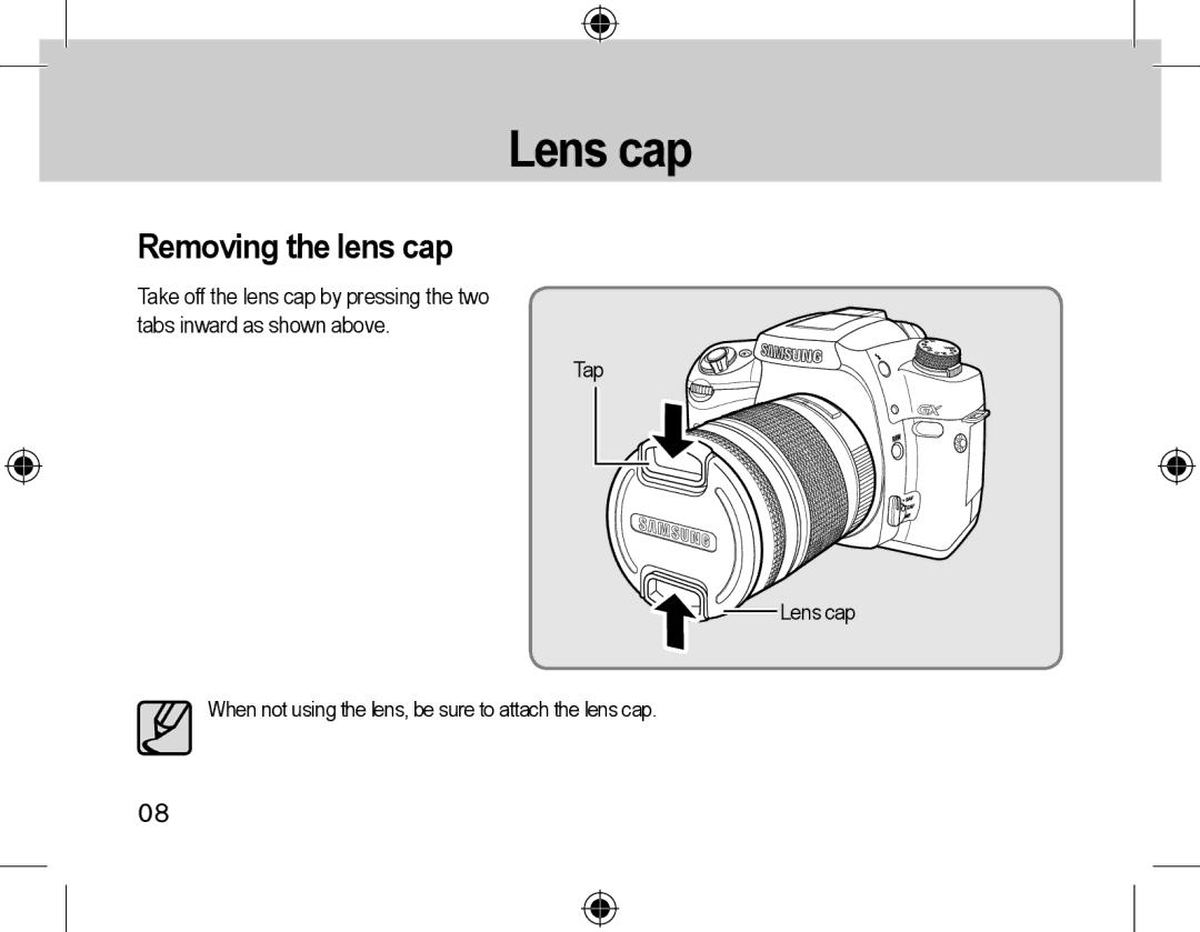 Samsung EZ-DLENS039/E1 manual Lens cap, Removing the lens cap 