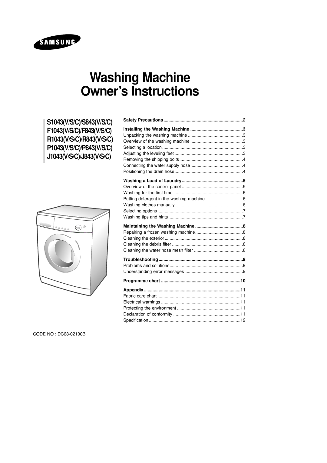 Samsung F1043GW/XEO, F1043GW/XEH, F843GW/XEH manual Washing Machine Owner’s Instructions, Code no DC68-02100B 