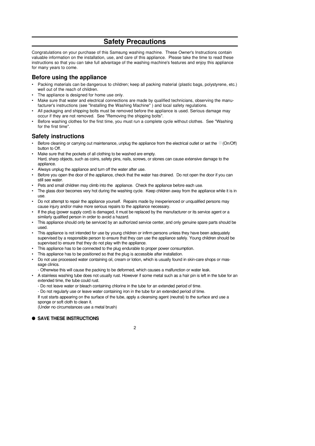 Samsung F843GW/XEH, F1043GW/XEH, F1043GW/XEO manual Safety Precautions, Before using the appliance, Safety instructions 