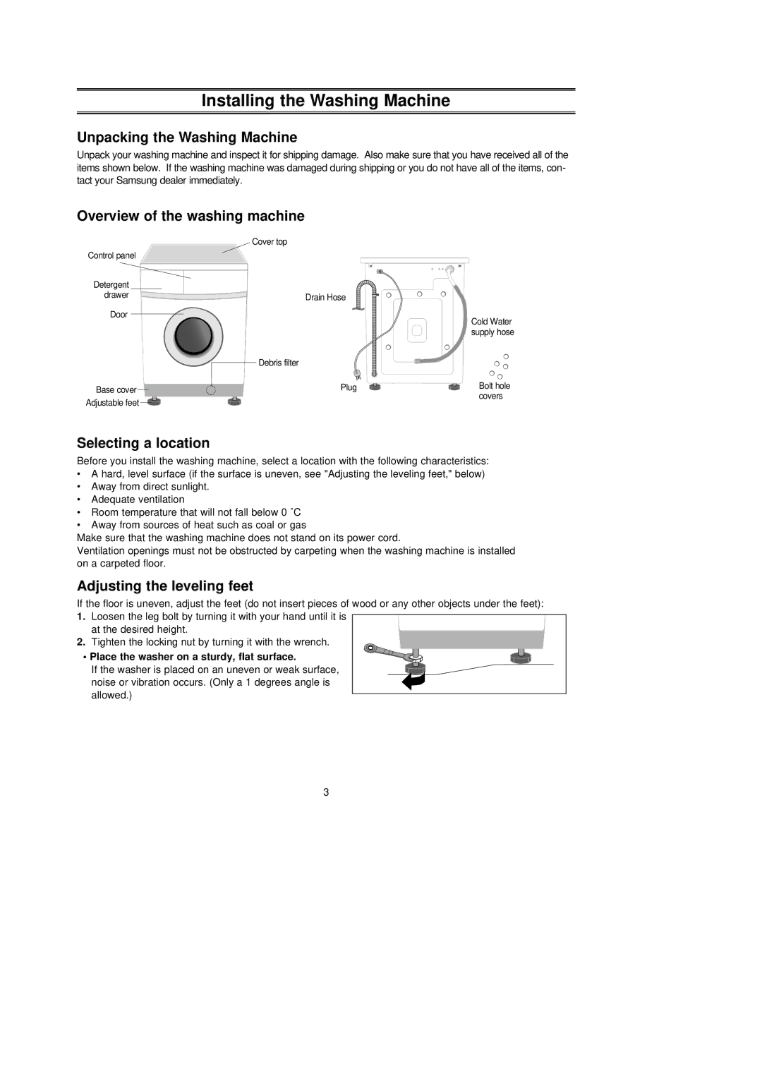 Samsung F1043GW/XEH manual Installing the Washing Machine, Unpacking the Washing Machine, Overview of the washing machine 