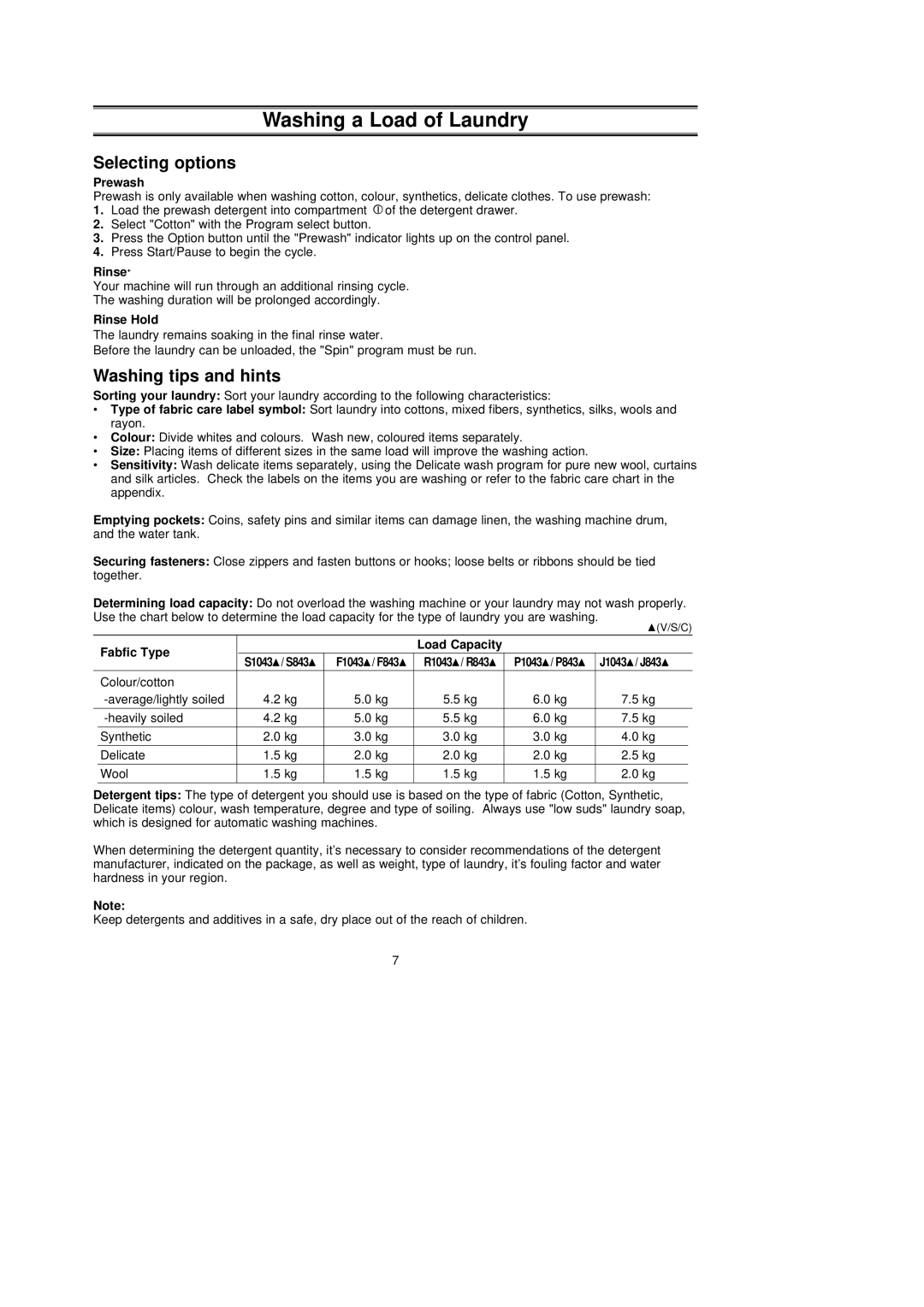 Samsung F1043GW/XEO, F1043GW/XEH, F843GW/XEH Selecting options, Washing tips and hints, Prewash, Rinse Hold, Fabfic Type 