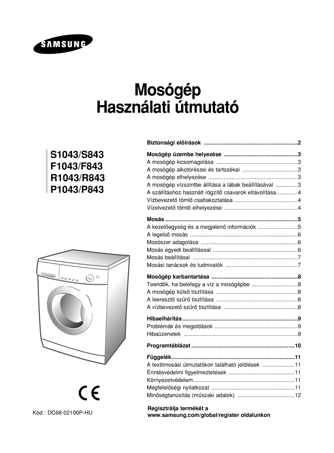 Samsung F1043GW/XEO, F1043GW/XEH manual Mosógép Használati útmutató, Regisztrálja termékét a 