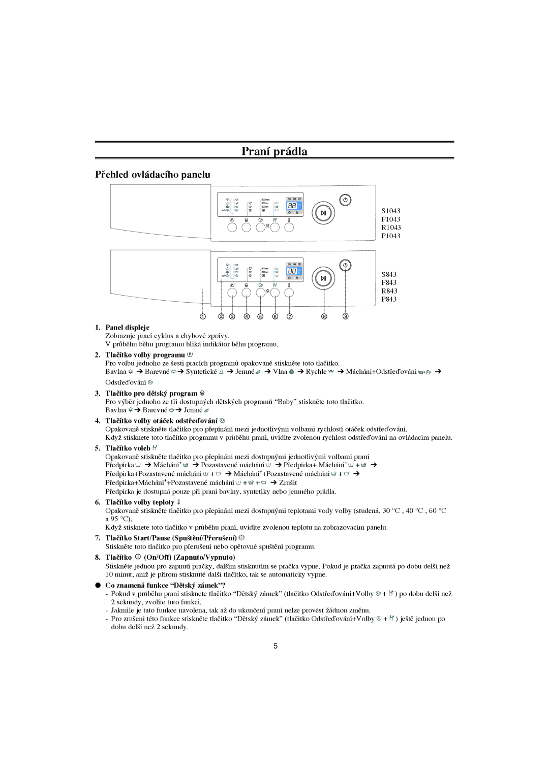 Samsung F1043GW/XEH manual Praní prádla, Pﬁehled ovládacího panelu 