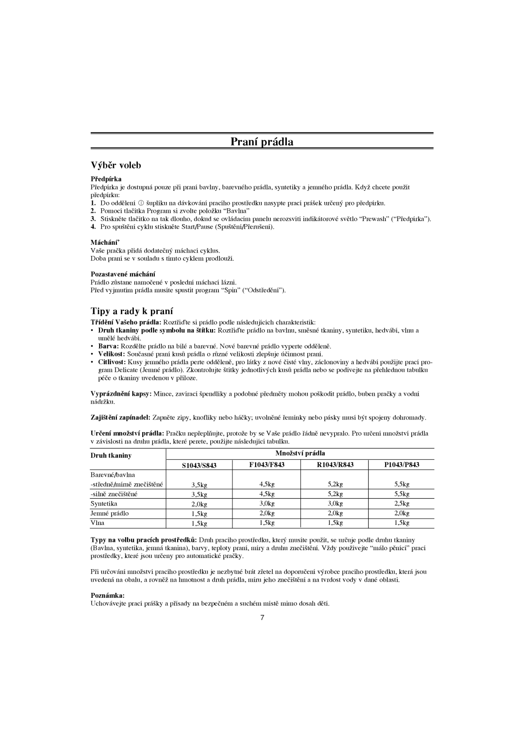 Samsung F1043GW/XEH manual ˘bûr voleb, Tipy a rady k praní 