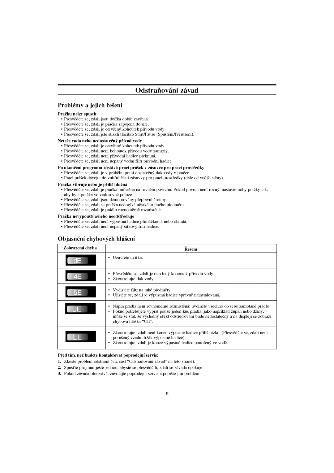 Samsung F1043GW/XEH manual OdstraÀování závad, Problémy a jejich ﬁe‰ení, Objasnûní chybov˘ch hlá‰ení 