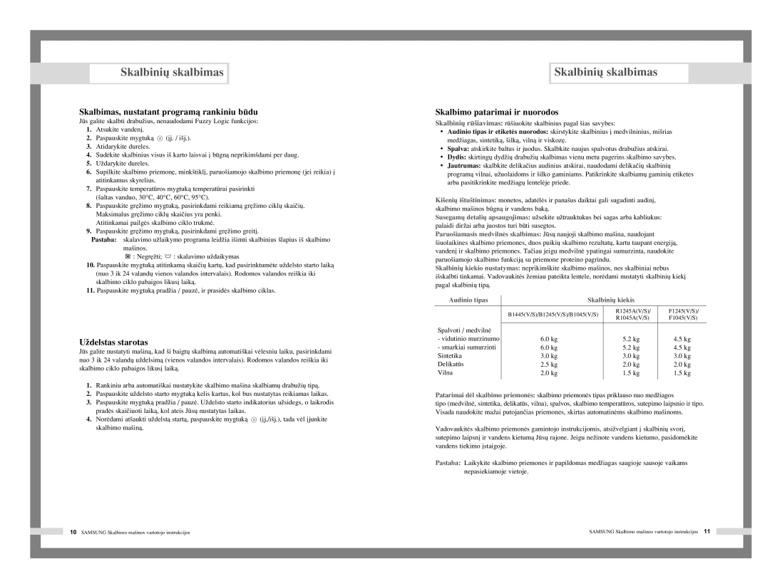 Samsung F1045AGW/YLR manual Skalbimas, nustatant programà rankiniu bdu, UÏdelstas starotas, Skalbimo patarimai ir nuorodos 