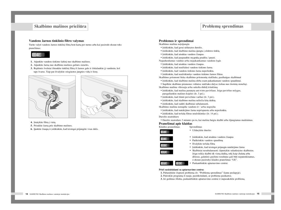 Samsung R1045AGW/YLW, F1045AGW/YLW Problem˜ sprendimas, Vandens Ïarnos tinklinio filtro valymas, Problemos ir sprendimai 