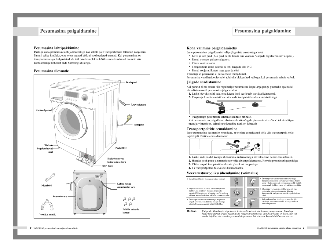 Samsung F1245AVGW/YLW, F1045AGW/YLW, R1045AGW/YLW, F1245AVGW/YLR, F1045AGW/YLR manual Pesumasina paigaldamine 