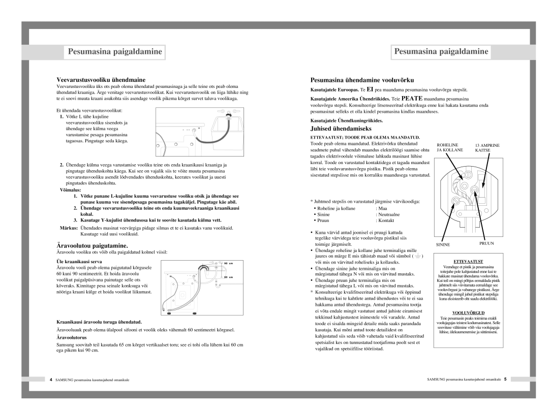 Samsung F1045AGW/YLR manual Veevarustusvooliku ühendmaine, Pesumasina ühendamine vooluvõrku, Äravoolutou paigutamine 