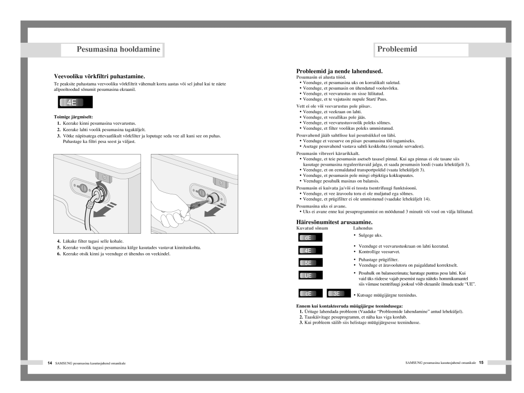 Samsung F1045AGW/YLR Veevooliku võrkfiltri puhastamine, Probleemid ja nende lahendused, Häiresõnumitest arusaamine 