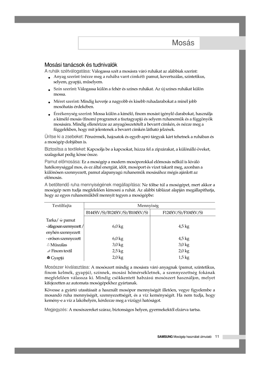 Samsung B1245VGW/XEH, F1045GW/XEH, F1245GW/XEH manual Mosási tanácsok és tudnivalók, Textilfajta 