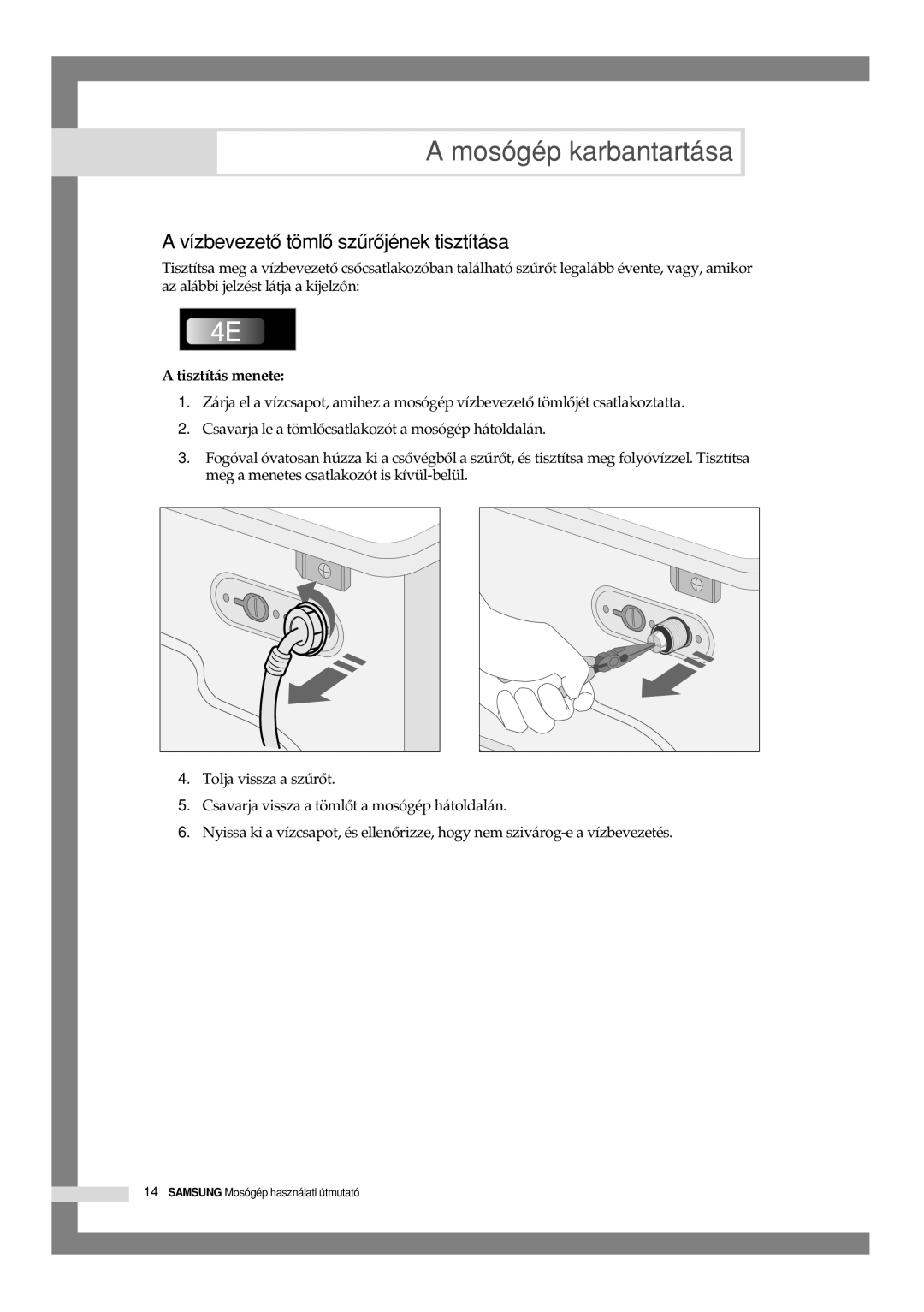 Samsung B1245VGW/XEH, F1045GW/XEH, F1245GW/XEH manual Vízbevezetô tömlô szûrôjének tisztítása, Tisztítás menete 