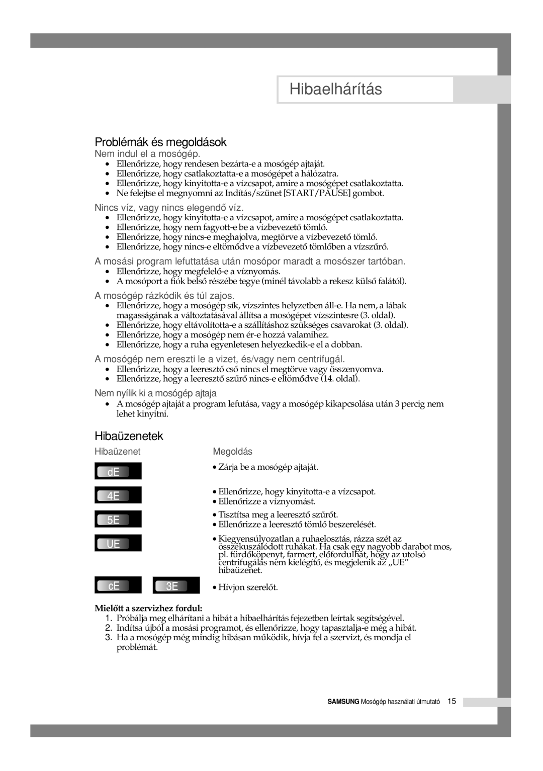 Samsung F1245GW/XEH, F1045GW/XEH manual Hibaelhárítás, Problémák és megoldások, Hibaüzenetek, Mielôtt a szervizhez fordul 