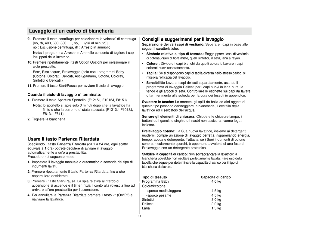 Samsung F1213JGS/XET, F1213JGS1/XET, F813JGW/XET Usare il tasto Partenza Ritardata, Consigli e suggerimenti per il lavaggio 