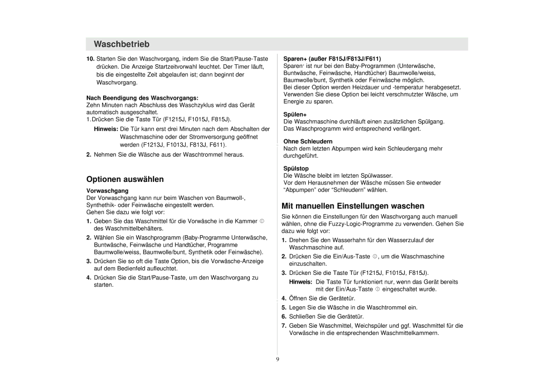 Samsung F1215JGW/XEG, F1215JGS/XEG manual Optionen auswählen, Mit manuellen Einstellungen waschen 